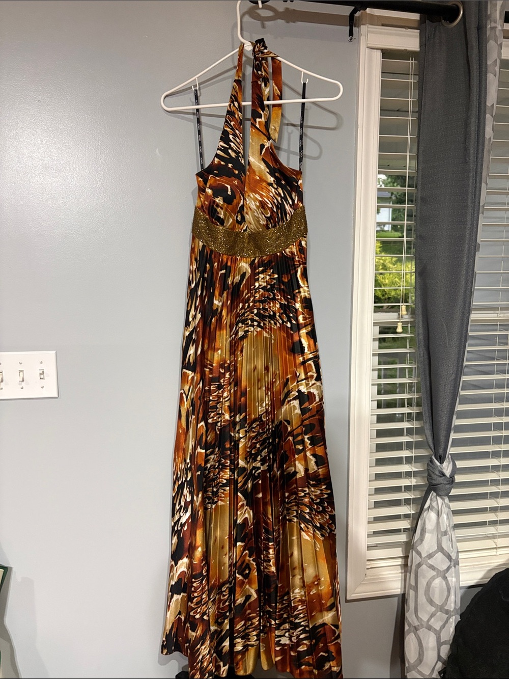 XOXO One-Shoulder Maxi Dress in Brown and Gold Print